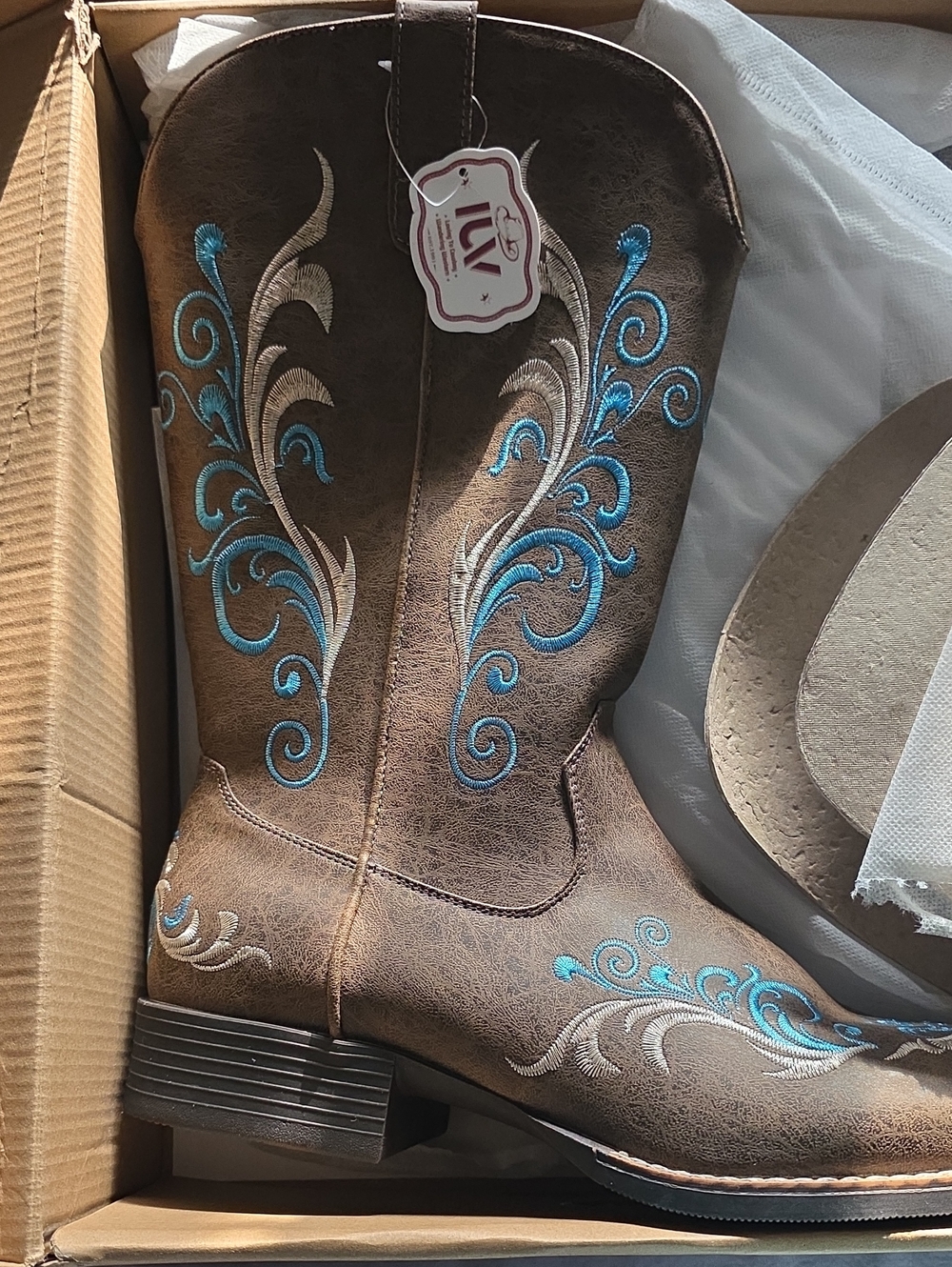 IUV Brown Western Boot with Turquoise Embroidery